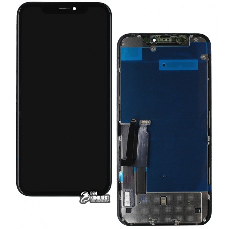 Дисплей для iPhone XR, черный, с тачскрином, с рамкой, копия, Tianma, с пластиками камеры, датчика приближения