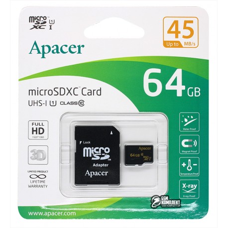 Карта пам'яті 64 GB microSDXC Apacer class 10 UHS-1 (AP64GMCSX10U1-R)