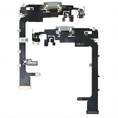 Шлейф Apple iPhone 11 Pro Max, коннектора зарядки, коннектора навушників, сріблястий, з мікрофоном, High Copy