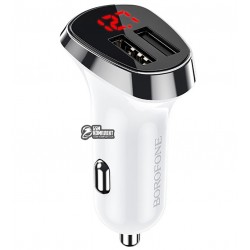 Автомобільний зарядний пристрій Borofone BZ15, з LED дисплеєм, USB MicroUsb кабель, (2USB, 2.4A), біле