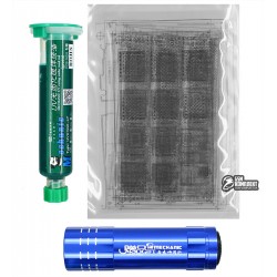 Паяльная маска Mechanic S1512, зеленая, 10 мл, с трафаретом (A6, A7, A8, A9, A10), с ультрафиолетовым фонариком, ультрафиолетовый