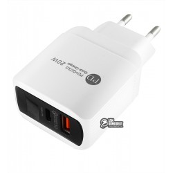 Зарядное устройство PD001, PD + QC3.0 (Qualcomm Quick Charge), 20Вт, с дисплеем, белое