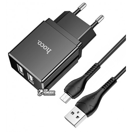 Зарядное устройство Hoco DC01 Max Porcelain 2USB/2,4A + Micro-USB кабель, черное
