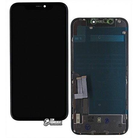 Дисплей для Apple iPhone 11, черный, с рамкой, копия, с пластиками камеры и датчика приближения, (TFT), YOUDA