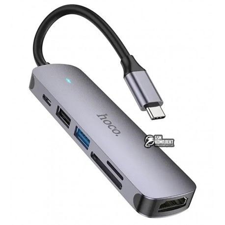 Type-C-хаб HOCO HB28 USB 3.0 (F), USB 2.0 (F), HDMI (F), Type-C (F), CD, MicroCD, 60W, сріблястий