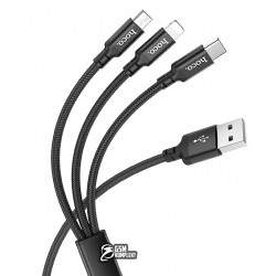 Кабель Micro-USB+Lightning+Type-C - USB, 3 в1, Hoco X14 Times speed, в тканевой оплетке, 1 метр, 2,4А, черный