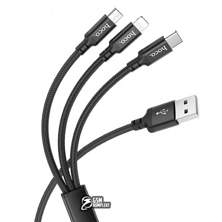 Кабель Micro-USB+Lightning+Type-C - USB, 3 в1, Hoco X14 Times speed, в тканевой оплетке, 1 метр, 2,4А, черный
