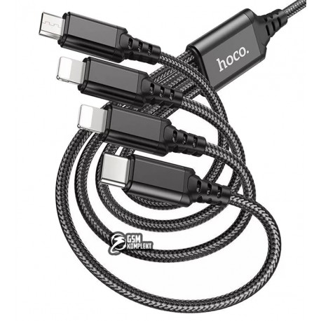 Кабель Micro-USB+Lightning+Lightning+Type-C - USB, 4 в1, Hoco X76 Super charging cable, 1 метр, 2А, черный, черный