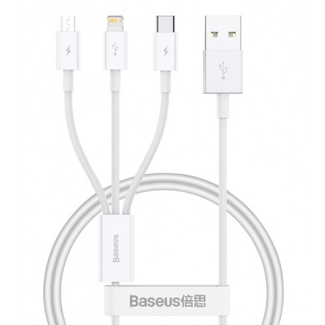 Кабель Micro-USB+Lightning+Type-C - USB, 3 в1, Baseus Superior Fast Charging, 1.5 метра, 3,5А, білий CAMLTYS-02