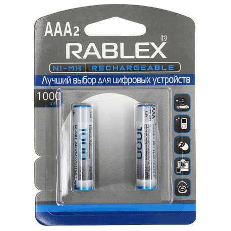 Аккумуляторная батарейка Rablex Rechargable R03 AAA 1000 мАч, 2 шт