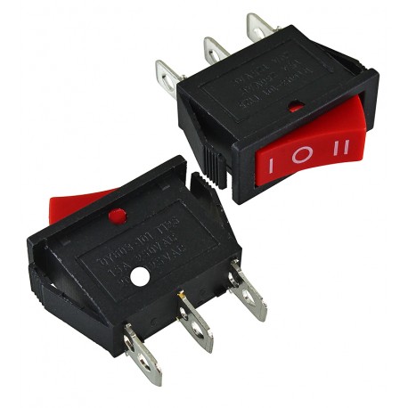 Переключатель клавишный узкий I-O-II, три положения, 250 В (сила тока до 15А), красный