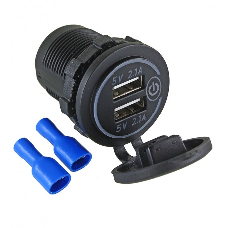 Гнездо USB двойное врезное 5V 2,1А с кнопкой и крышкой, синяя подсветка, , под установку на отверстие 29 мм
