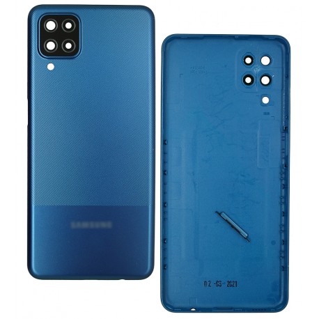Задня панель корпуса для Samsung A127 Galaxy A12 Nacho, синяя, с стеклом камеры, с боковой кнопкой