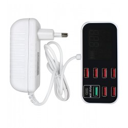 Настольная зарядная станция ASOMETECH 40Вт с LED дисплеем и тестером USB, 8-портовая (6USB - 5В/2А +1USB - QC3.0 + PD Type-C 20Вт)