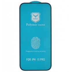 Защитное оргстекло для Apple iPhone 15 Pro, Polycarbone, 3D, с фаской, черное Защитное оргстекло для Apple iPhone 15 Pro, Polycarbone, 3D, с фаской, черное