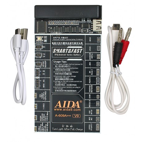 Плата активації та заряджання акумуляторів Aida A-609A++ V9 цифр. інд. Ipho 5G-15 Pro Max, HUAWEI, LENOVO, VIVO, MI, ZTE; кабелі microUSB, USB A, штеккери БП